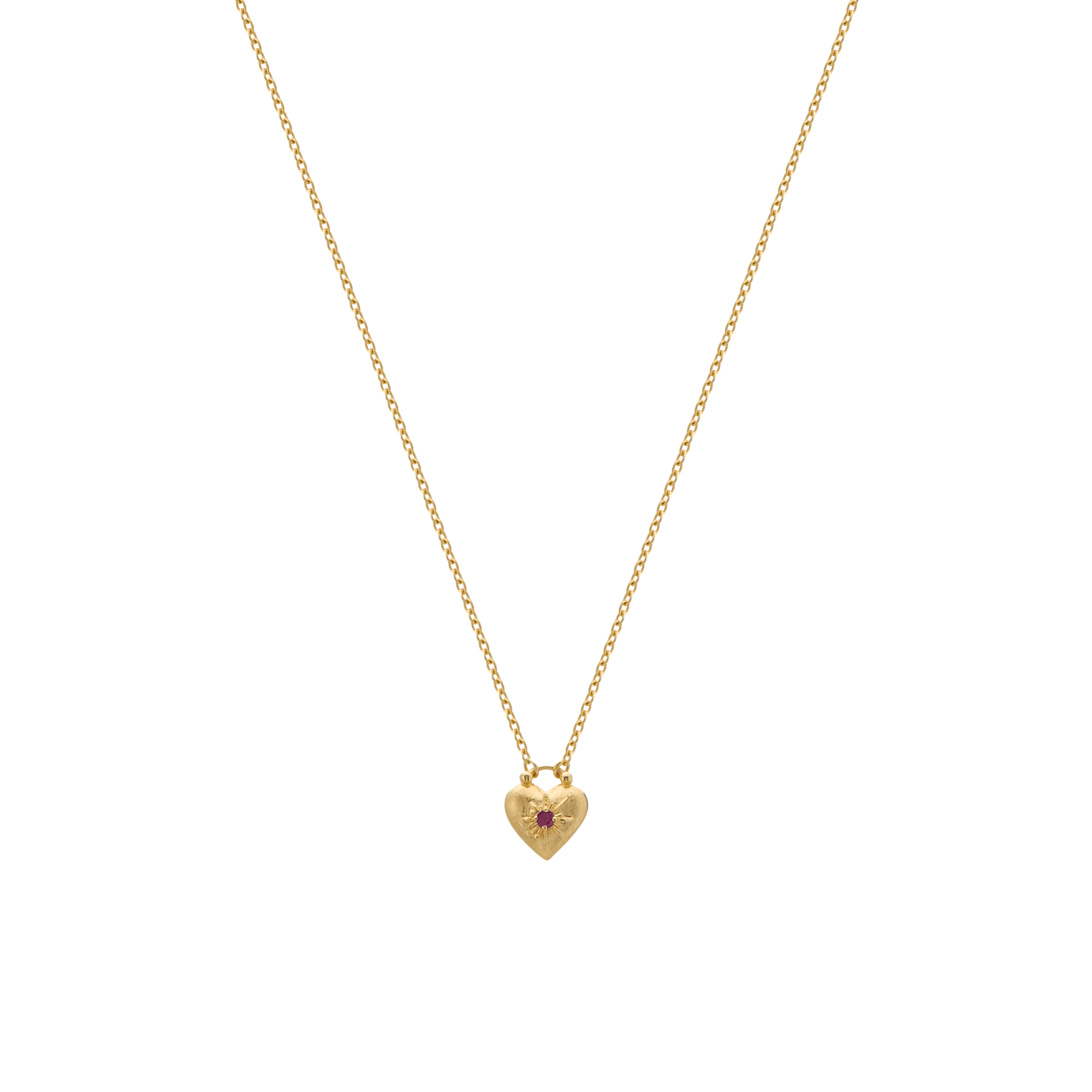 Gold necklace with a heart-shaped pendant on a white background